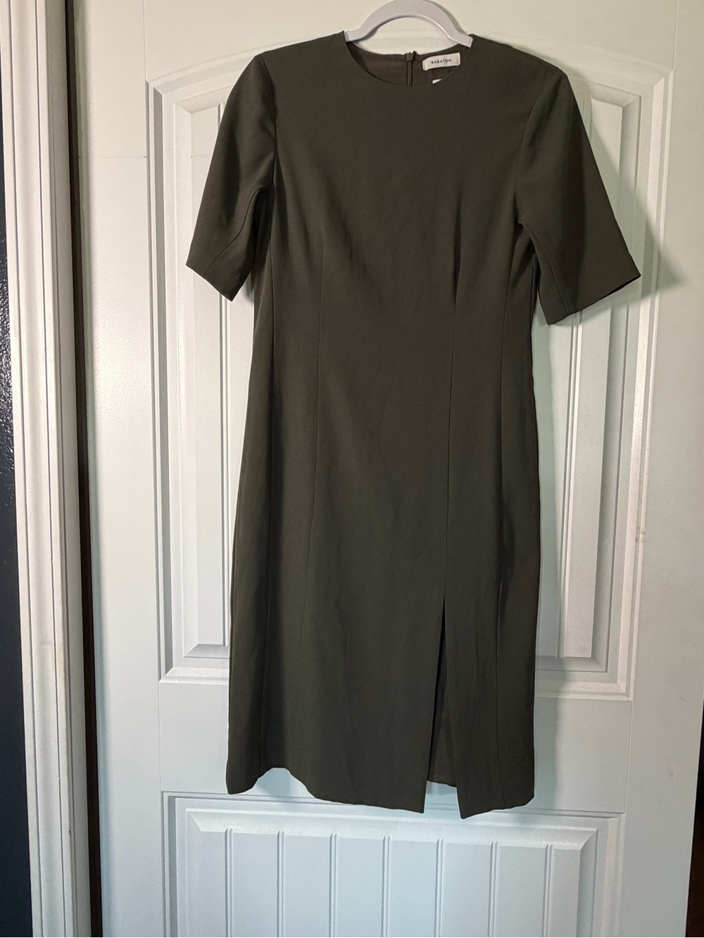 Babaton Aritzia Olive Green Midi Sheath Dress Size 4 Front Slit